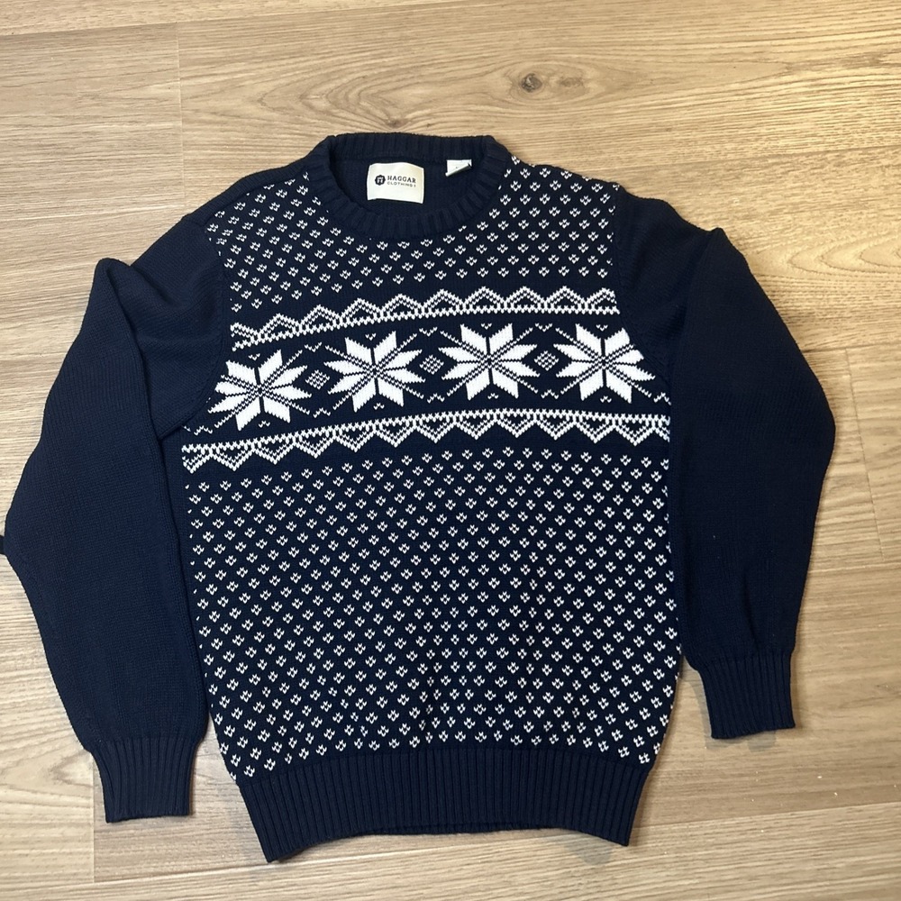 Haggar Sweater Mens Size‎ M Navy Blue Long Sleeve Fair Isle Snowflake Cotton